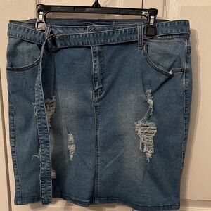 American Bazi Blue Distressed Denim Midi Skirt